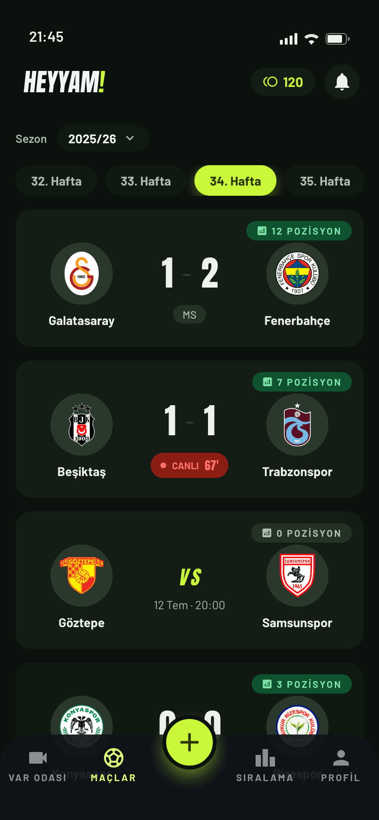 HEYYAM! Maçlar ekran görüntüsü — Süper Lig 34. hafta maç listesi, canlı skor ve tartışmalı pozisyon rozetleri