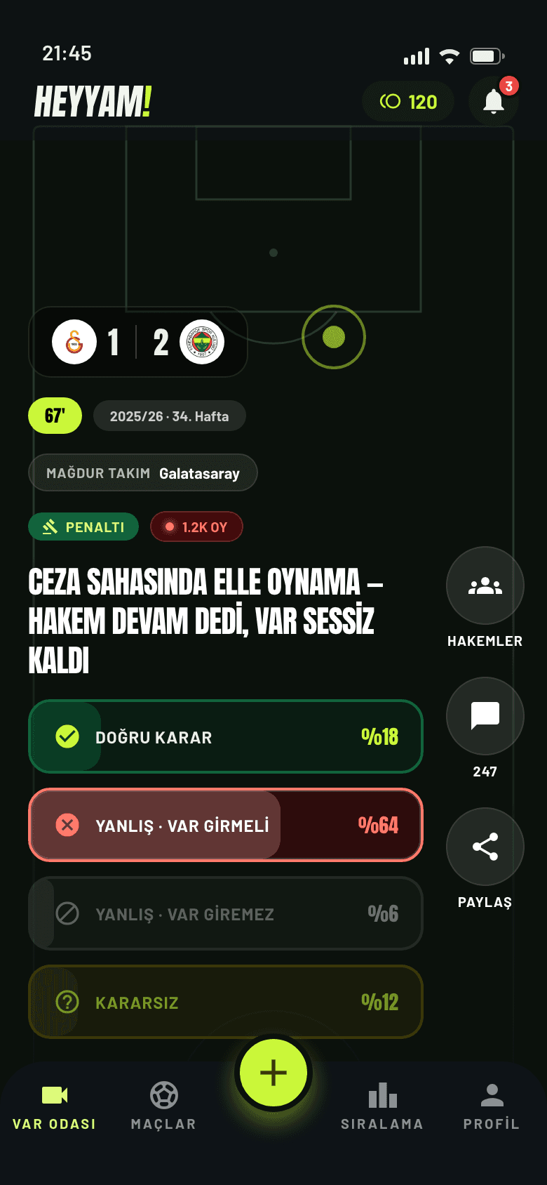 HEYYAM! Var Odası ekranı — Süper Lig'de tartışmalı bir penaltı pozisyonu için 4 seçenekli hakem kararı oylaması